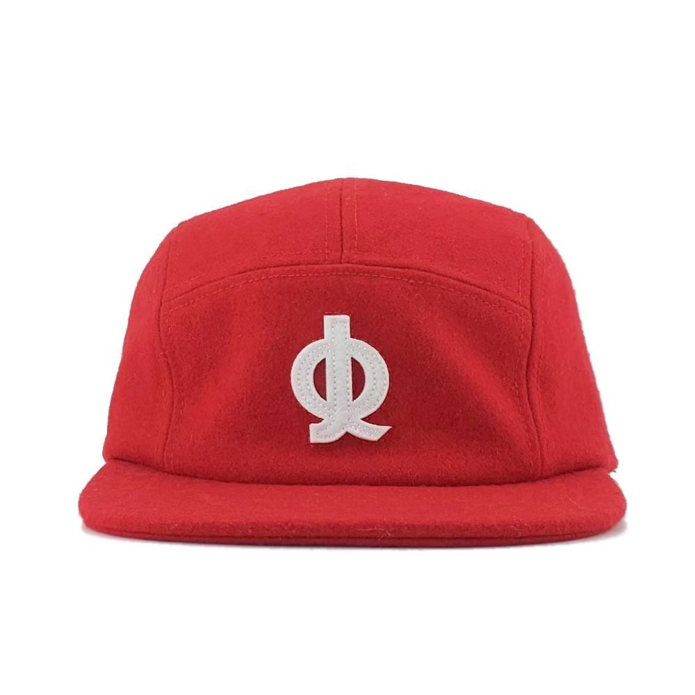 Wool Blend Strap Back Camp Cap Hat 5Panel Camping Cap 3D Felt Embroidery Logo Custom Red 5 Panel Camp Hats With Leather Straps