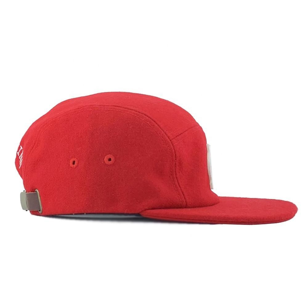 Wool Blend Strap Back Camp Cap Hat 5Panel Camping Cap 3D Felt Embroidery Logo Custom Red 5 Panel Camp Hats With Leather Straps