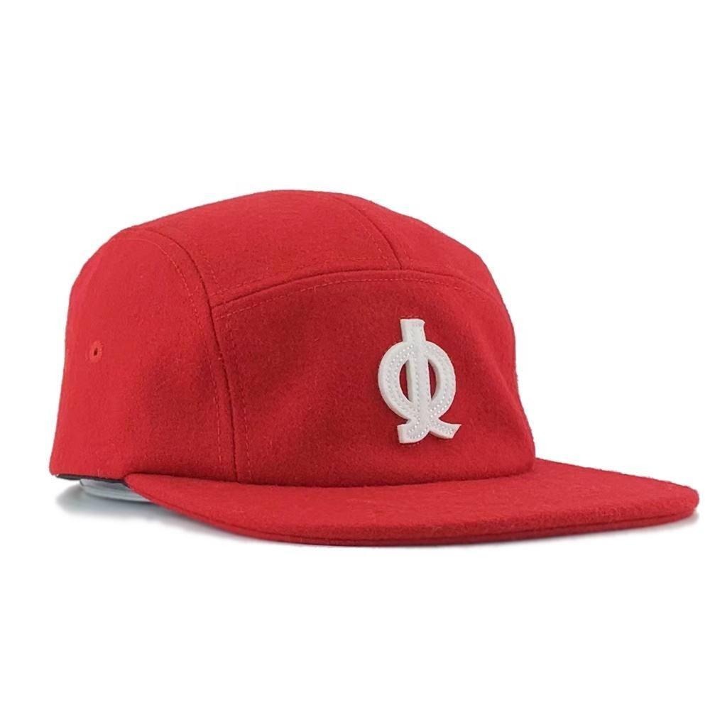 Wool Blend Strap Back Camp Cap Hat 5Panel Camping Cap 3D Felt Embroidery Logo Custom Red 5 Panel Camp Hats With Leather Straps