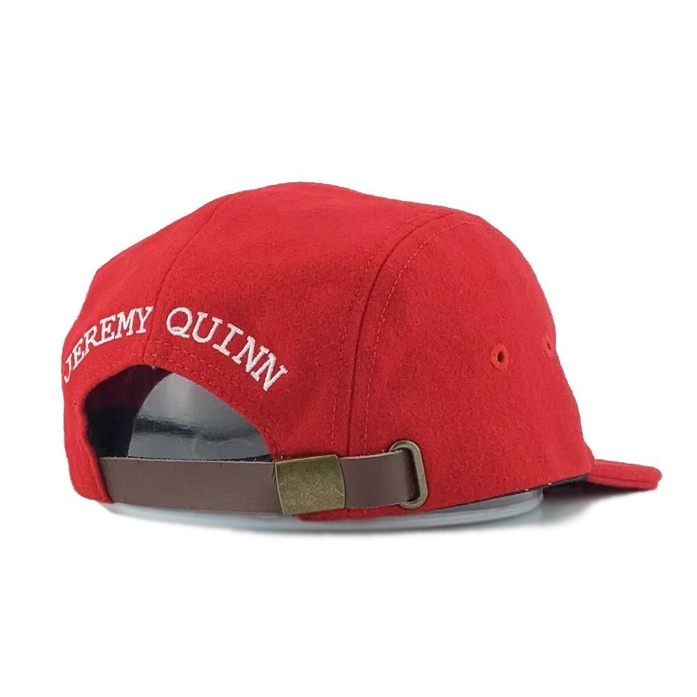 Wool Blend Strap Back Camp Cap Hat 5Panel Camping Cap 3D Felt Embroidery Logo Custom Red 5 Panel Camp Hats With Leather Straps
